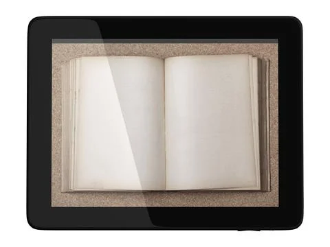 Digital Library Concept - Generic Tablet Computer and Book on screen Stock Photos