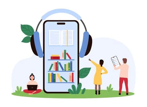 Digital library for education, tiny people study with ebooks and audiobooks in Stock Illustration