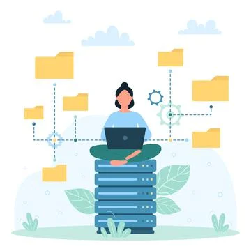 Digital library, management of files and documents, tiny woman working with Illustrazione stock