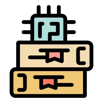 Digital library, microchip resting on stack of books symbolizing technologica イラスト素材