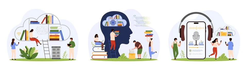 Digital library service, AI learning technology set, tiny people training online 스톡 일러스트