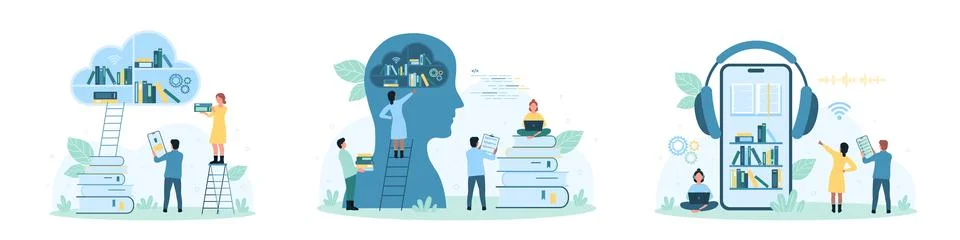 Digital library set, tiny people study with books from head, connect with phone Stock Illustration