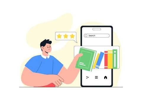 Digital Library Vector Illustration Featuring E-Book Collection And Online .. イラスト素材