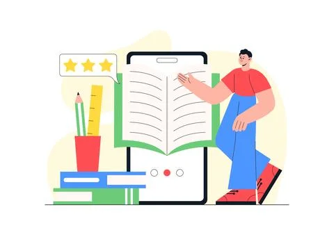 Digital Library Vector Illustration Featuring E-Book Collection And Online .. イラスト素材