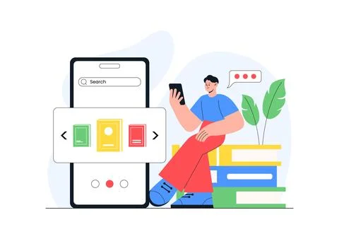 Digital Library Vector Illustration Featuring E-Book Collection And Online .. イラスト素材