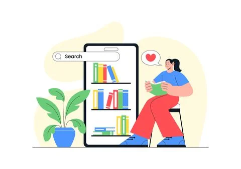 Digital Library Vector Illustration Featuring E-Book Collection And Online .. Ilustración de archivo