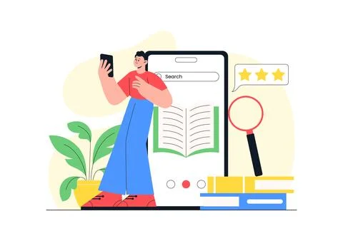 Digital Library Vector Illustration Featuring E-Book Collection And Online .. Ilustración de archivo