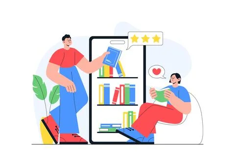Digital Library Vector Illustration Featuring E-Book Collection And Online .. イラスト素材