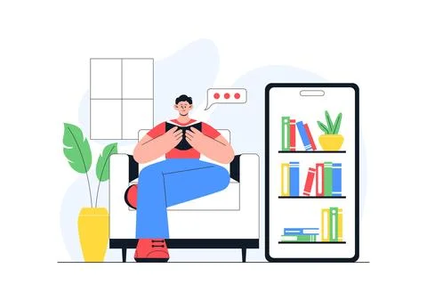Digital Library Vector Illustration Featuring E-Book Collection And Online .. イラスト素材