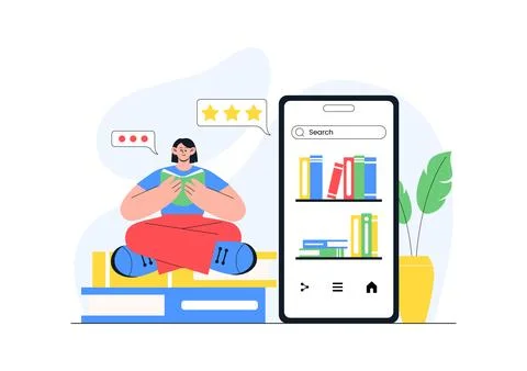 Digital Library Vector Illustration Featuring E-Book Collection And Online .. イラスト素材