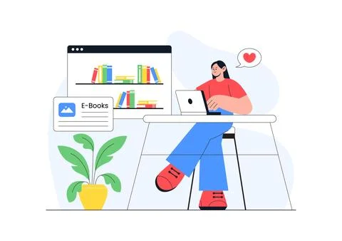 Digital Library Vector Illustration Featuring E-Book Collection And Online .. イラスト素材