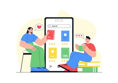 Digital Library Vector Illustration Featuring E-Book Collection And Online .. イラスト素材