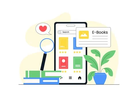Digital Library Vector Illustration Featuring E-Book Collection And Online .. イラスト素材