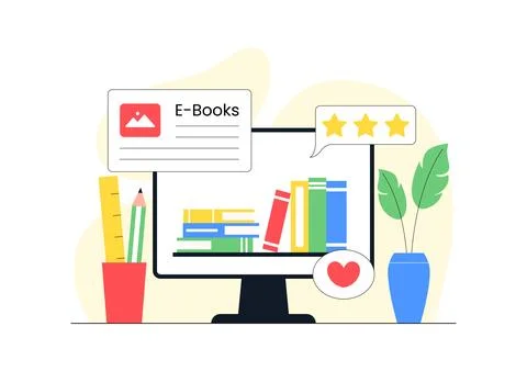 Digital Library Vector Illustration Featuring E-Book Collection And Online .. イラスト素材