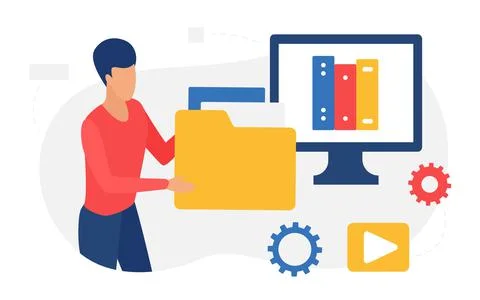 Digital library web service online, man student holding data folder, media file Stock Illustration