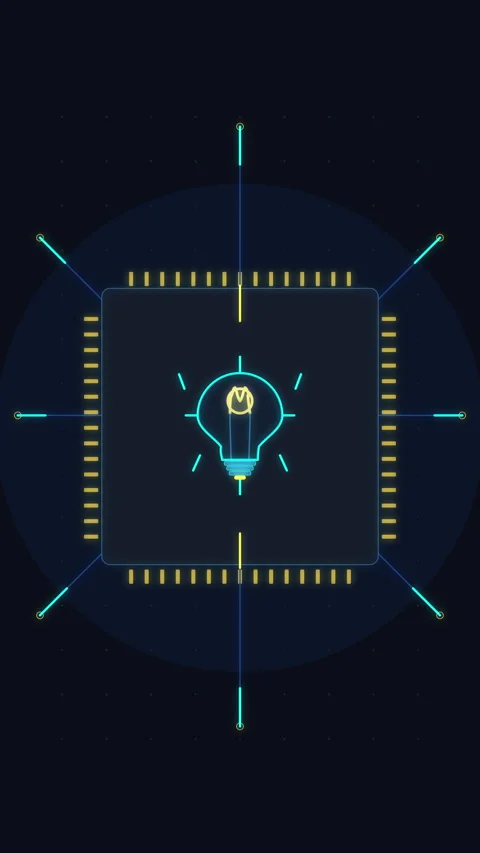 Digital light bulb cpu chip innovation, electronic data circuit, neon pixel.. Stock Footage 348330892