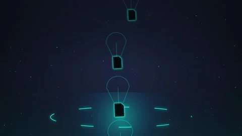 Digital light bulb ideas connected by glowing lines on dark background Stock Footage 348231747