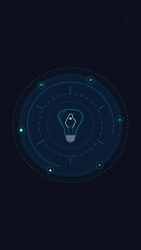 Digital lightbulb innovation, glowing lines, circular data orbits, futurist.. Stock Footage 348331065