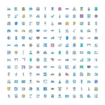 Digital line art icon set representing various concepts 스톡 일러스트