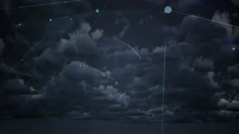 Digital lines and dots forming network pattern in cloudy night sky animation Stock Footage 305285206