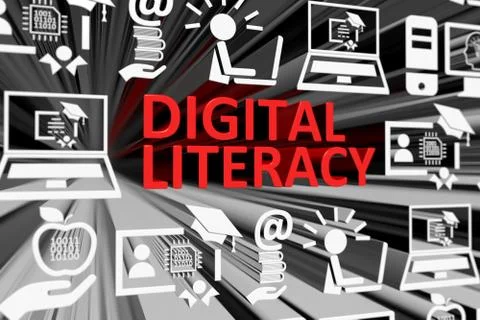 DIGITAL LITERACY concept blurred background 3d render illustration Stock Illustration