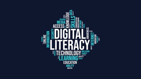 Digital Literacy Word Cloud Animation on Blue Background Stock Footage 343780259