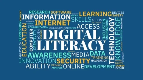 Digital Literacy Word Cloud Animation with Technology and Education Concepts Stock Footage 343780263