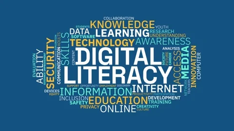 Digital Literacy Word Cloud Concept Animation on Blue Background 库存影片 343780257