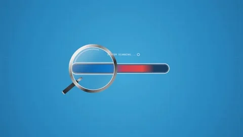 A digital loading bar with a magnifying glass icon on a blue background Stock Footage 340874840