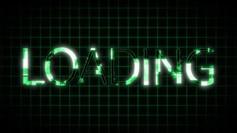 Digital loading screen with glowing green text animated on a dark pixelated.. Stock Footage 267047271