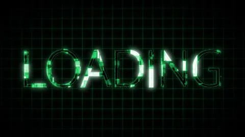 Digital loading screen with glowing green text animated on a dark pixelated.. Stock Illustration