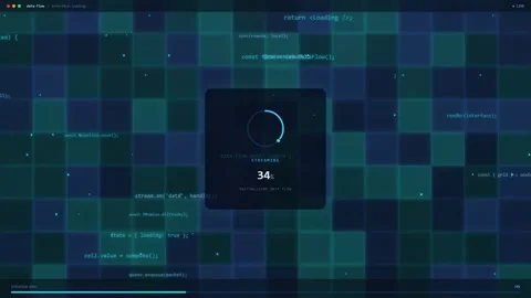 Digital loading screen with percentage counter and scrolling computer code on Stock Footage 345765817