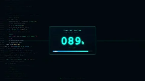 Digital loading screen with percentage progress bar and scrolling computer code Stock Footage 346204128