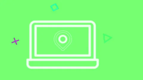 Digital location tracking icons displayed on laptop screens against a vibrant Stock Footage 346121087