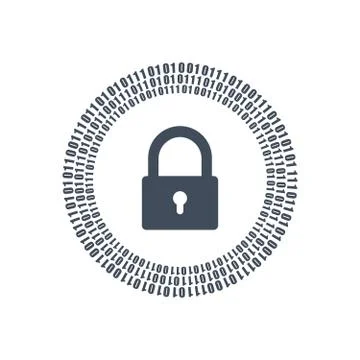Digital lock and binary one and zero digits in circle around it. cyber security Illustrazione stock