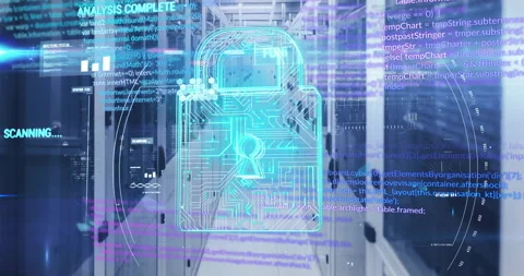 Digital lock and code processing animation over server room background Stock Footage 305814521
