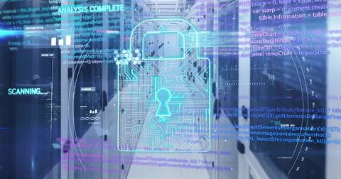 Digital lock and code processing image over server room background 写真素材