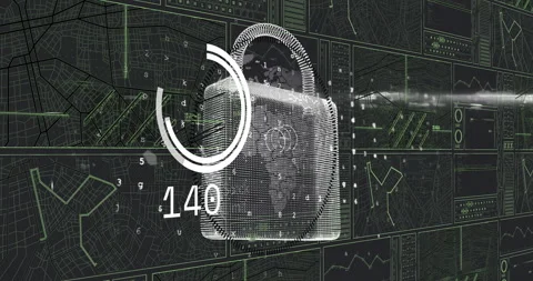 Digital lock and data processing animation over complex network of graphs and Stock Footage 303460402