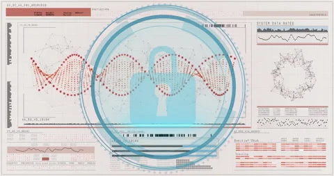 Digital lock and data processing animation over complex network interface Stock Footage 303842358