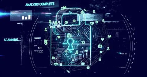 Digital lock and network security image over abstract technological background Stock Photos