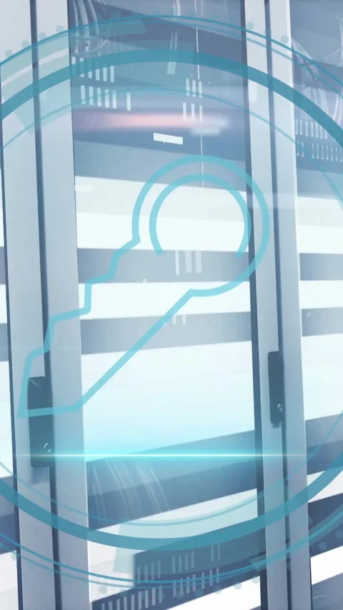 Digital lock animation over server racks in data center environment Stock Footage 319157446