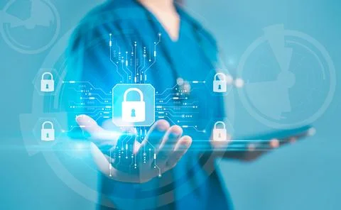 Digital lock circuit interface floating above human hand represents cyberse.. Foto stock
