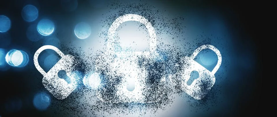 The digital lock is destroyed. computer security on a blue background Stock-Fotos
