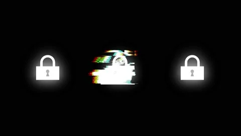 A digital lock glitch, distorted by a heavy noise glitch effect. White on a Stock Footage 142790809