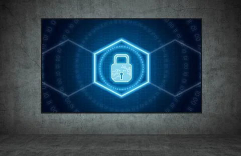 Digital lock hologram with circle binary numders on digital screen. Stock Photos