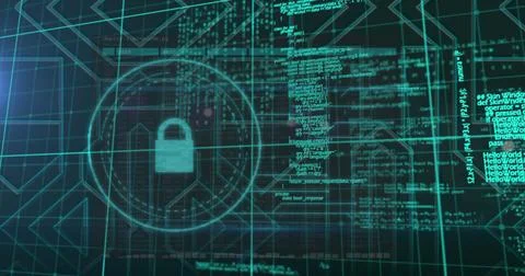 Digital lock icon and code overlay representing cybersecurity concepts Stock Photos