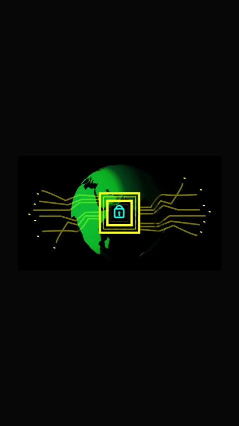 Digital Lock Icon on a Circuit Board Overlaying a Globe on a Black Backgrou.. Stock Footage 337459926