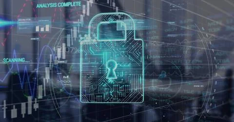 Digital lock icon with circuit patterns and holographic data overlays Stockfoto's