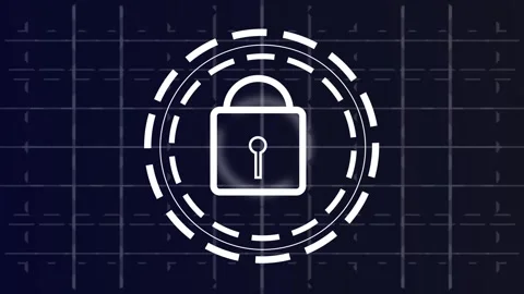 Digital Lock Icon with Circular Hud Elements on a Dark Grid animation Backg.. Stock Footage 321586429