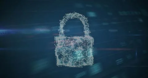 A digital lock icon composed of interconnected points and lines is glowing Stock Photos